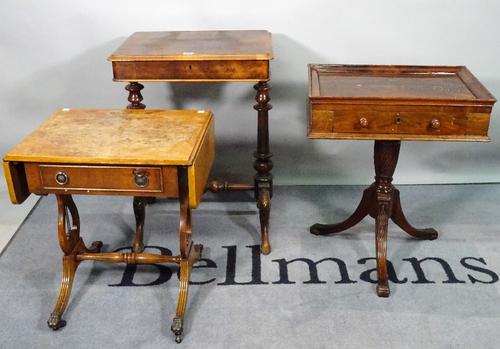 A late Victorian walnut work table, 51cm wide x 70cm high, a later mahogany single drawer side table, 52cm wide x 61cm high, and a Victorian style yew