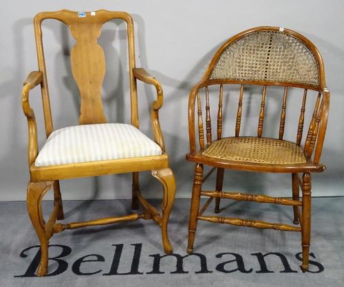 A 19th century ash and canework armchair, 54cm wide x 83cm high, and an 18th century style stained beech open armchair, 55cm wide x 100cm high. (2)
