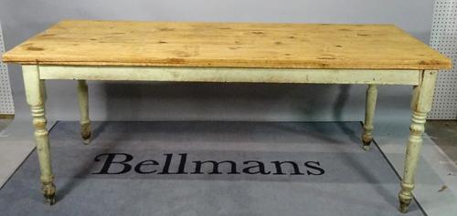 An early 20th century pine kitchen table, 186cm wide x 76cm high.