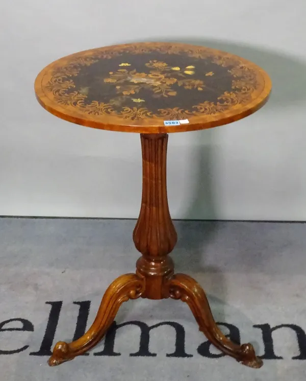 A Victorian marquetry inlaid circular occasional table, on reeded baluster and tripod base, 57cm diameter x 74cm high.