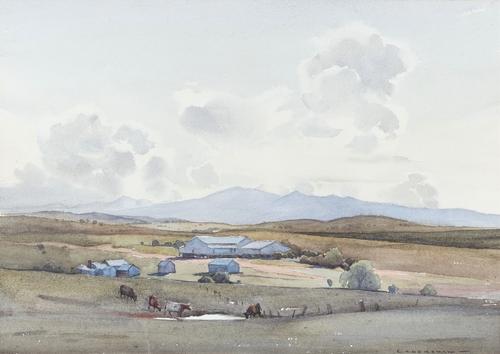 E. Loershaw (20th century), Farm in a landscape; Lake landscape; Houses overlooking a lake; Wooded pool, four watercolours, all signed, the largest 37