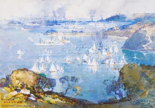 Arthur Ernest Streeton (Australian 1867-1943), Sydney Harbour, Coronation Day 1911, watercolour, signed and inscribed, 17cm x 25cm.Provenance: From th