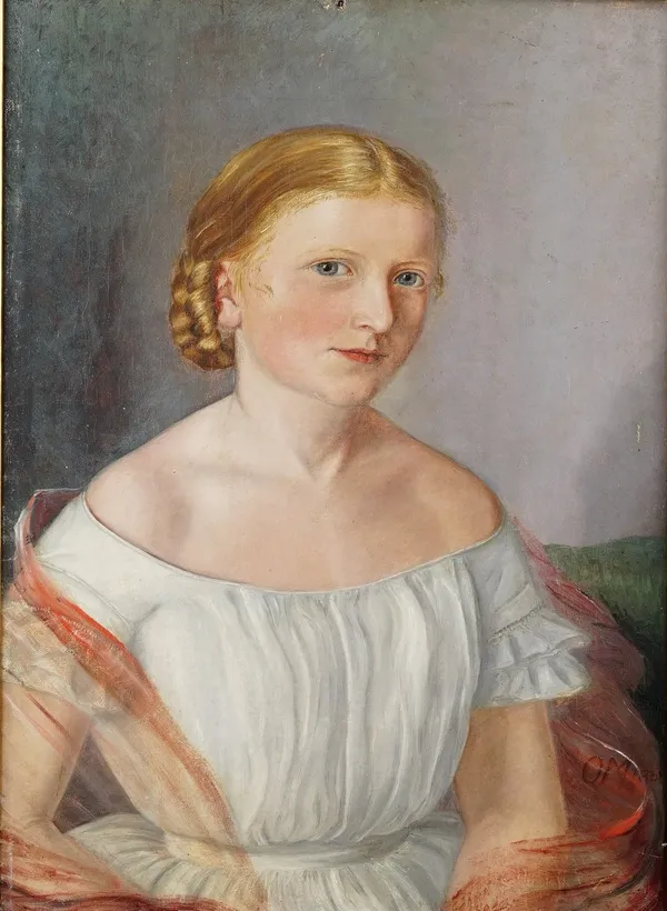 Danish School (19th century), Portrait of a young lady, oil on canvas, initialled OM and dated 1868, 45cm x 33cm.Provenance: From the collection of HR