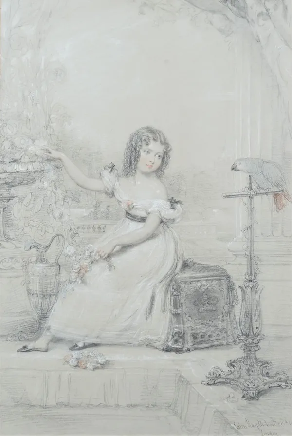 John Hayter (British, 1800 - 1895), Portrait of a girl, seated on a terrace with a parrot, pencil, heightened with white and red chalk, signed and dat