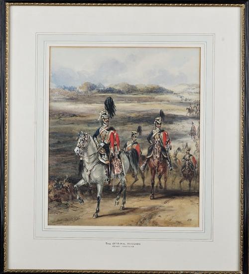 Henry Martens (British, 1828-1860), The 10th Royal Hussars, in a column, in an extensive landscape, watercolour, signed with monogram, 32.5cm x 27.5cm