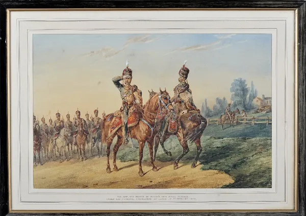 Orlando Norie (Belgian, 1832-1901),  The 10th Prince of Wales's Own Royal Hussars: Under Lieut.-Col. V. Vandeleur at Cahir in Tipperary, 1843, waterco