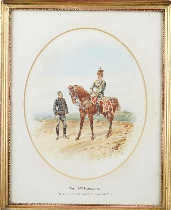 Orlando Norie (1832-1901), The 10th Hussars (the Prince of Wales's own Royal) with a mounted officer and undress officer, watercolour and bodycolour,