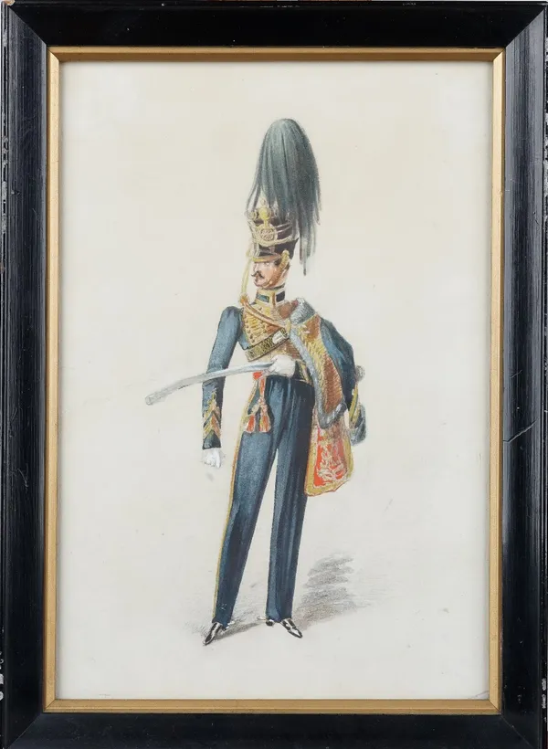 William Heath (19th century), An officer of the 10th light dragoons holding the scabbard of his sword, watercolour and bodycolour, 23.5cm x 15.5cm.Pro