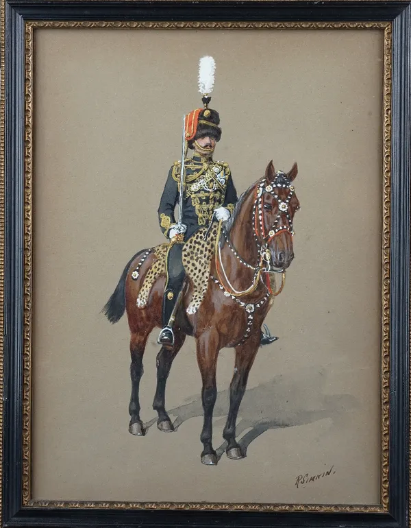 Richard Simkin (British 1850-1926), A mounted officer of the 10th Hussars, watercolour and bodycolour on grey paper, signed, 29.5cm x 22.5cm.Provenanc