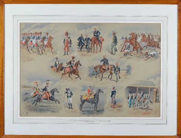 Major Richard Wymer (19th century), The 10th Royal Hussars (Prince of Wales's Own), Studies of Uniforms from 1742-1886 with mounted cavalry, watercolo