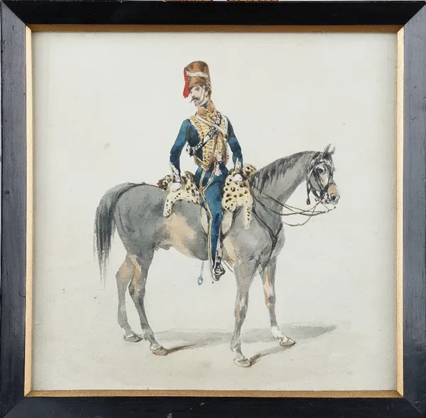 English School (19th century), 10th Light Dragoons: Officer wearing a tarleton on a scraggy horse,pen, ink and watercolour, 19cm x 19cm. Provenance: F