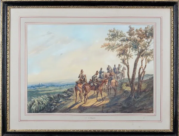 Orlando Norie (Belgian, 1832-1901),  The 10th Hussars on a path, watercolour over pencil, 31cm x 44cm.Provenance: From the collection of HRH The Princ