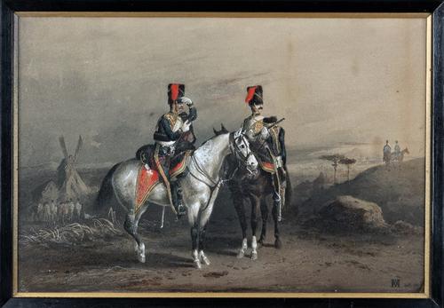 Henry Martens (British, 1828-1860), Officers of the 10th Royal Hussars near a windmill, watercolour over pencil heightened with bodycolour, signed wit