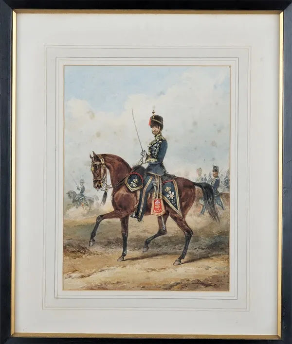 Henry Martens (British, 1828-1860), An officer of the 10th Hussars mounted on a charger before his troops, watercolour heightened with white, signed w