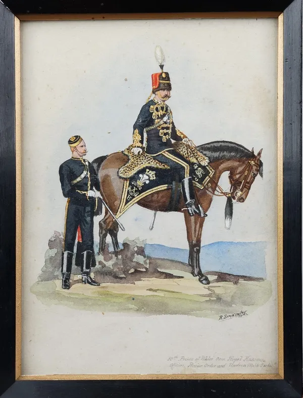 Richard Simkin (British 1850-1926), Tenth Prince of Wales's Own Royal Hussars/ Officers, Review Order and Undressed (stable jacket), watercolour and b