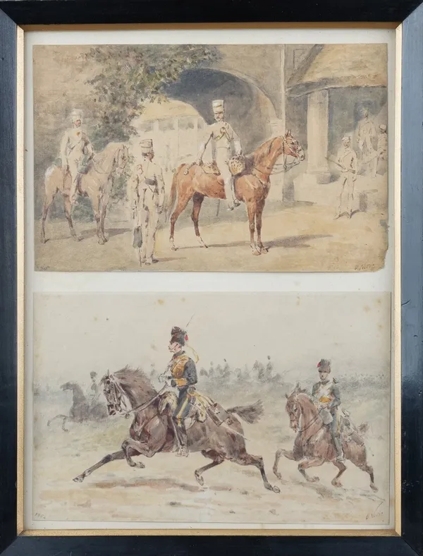 Orlando Norie (Belgian, 1832-1901),  Mounted officers and other ranks of the 10th Royal Hussars in khaki uniform; Mounted officers in uniform on exerc