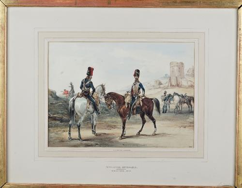 Henry Martens (British, 1828-1860), Officers of the 10th Royal Hussars near a tower, watercolour over pencil heightened in white, signed with monogram