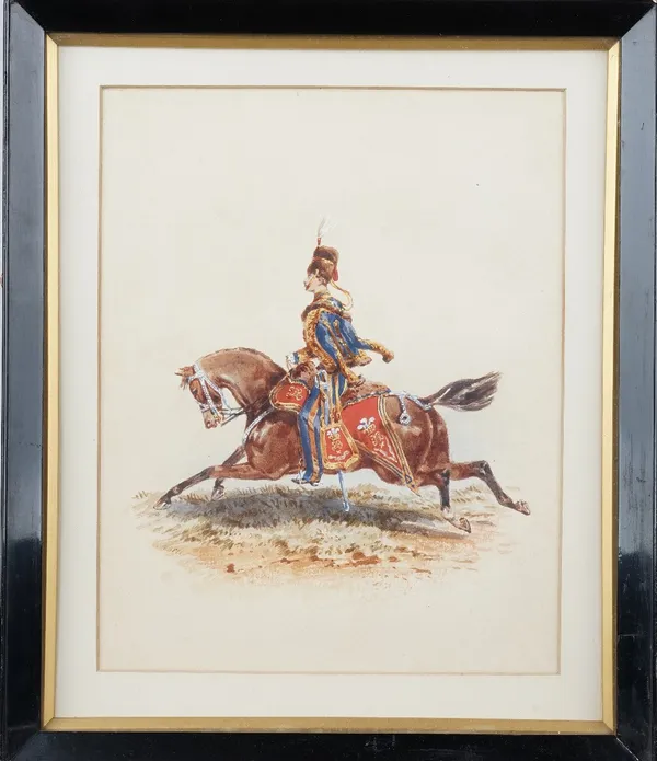 Orlando Norie (1832-1901), A mounted officer of the 10th Royal Hussars at the gallop , watercolour heightened with white, signed, 22cm x 17cm.#Provena