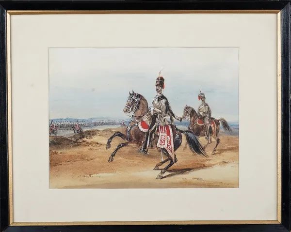 Henry Martens (British, 1828-1860), Two officers of the 10th Royal Hussars, with the regiment on parade in the background, watercolour over pencil, he