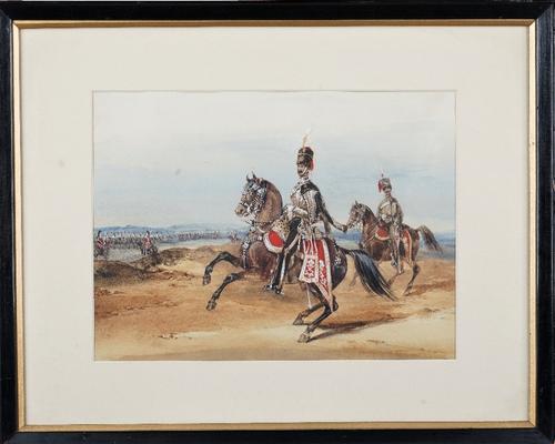 Henry Martens (British, 1828-1860), Two officers of the 10th Royal Hussars, with the regiment on parade in the background, watercolour over pencil, he