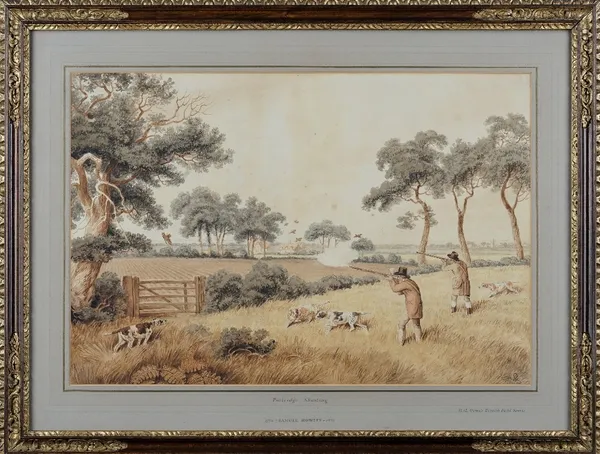 Samuel Howitt (British, 1765-1822), Snipe shooting; Grouse shooting; Duck shooting; Partridge shooting; and Woodcock shooting, five, watercolour over