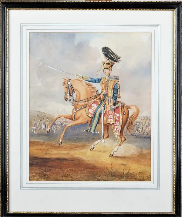 English School (19th century), A Mounted Officer of the 10th Hussars, watercolour, heightened with white, 33cm x 27cm.Provenance: From the collection