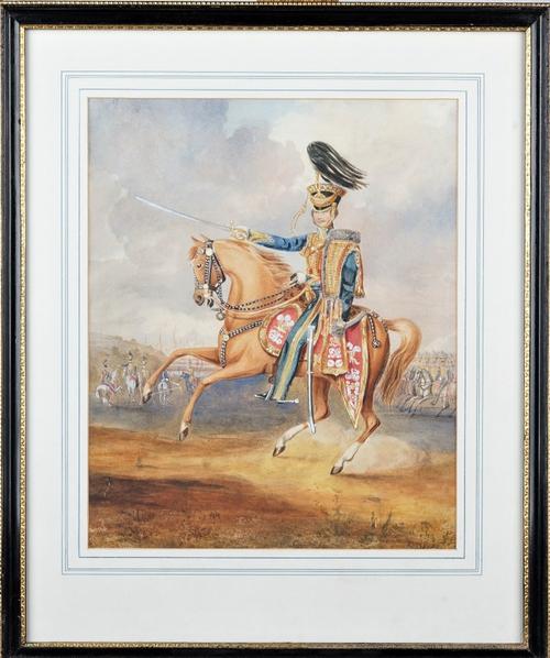 English School (19th century), A Mounted Officer of the 10th Hussars, watercolour, heightened with white, 33cm x 27cm.Provenance: From the collection