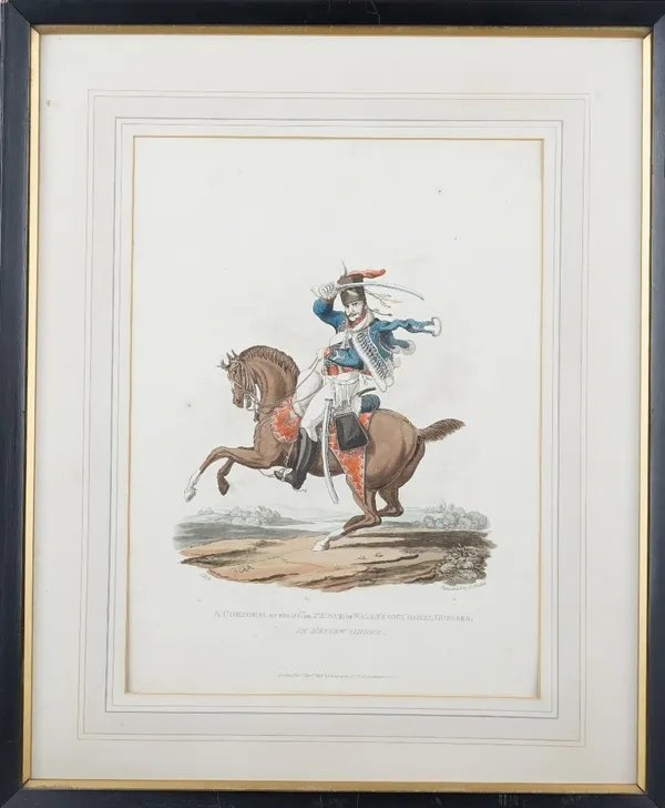 A group of assorted hand coloured engravings and lithographs, including A Mounted Dragoon with a Carbine; Tenth Hussars by W. Heath; Skirmishing from