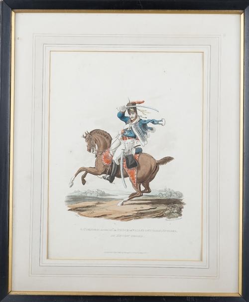 A group of assorted hand coloured engravings and lithographs, including A Mounted Dragoon with a Carbine; Tenth Hussars by W. Heath; Skirmishing from