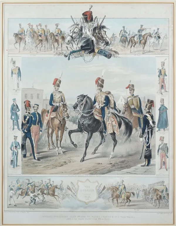 A group of eight engravings and lithographs, including Edward Hull, The 10th Royal Hussars private winter dress; 10th Royal Hussars, Trumpeter; and 10