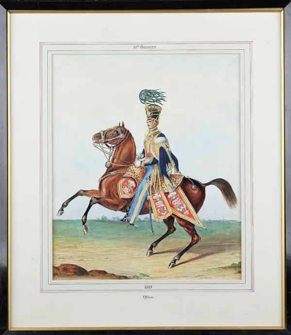 English School (19th/20th century), Mounted officer of the 10th Hussars, 1819, watercolour, 35cm x 29cm.Provenance: From the collection of HRH The Pri