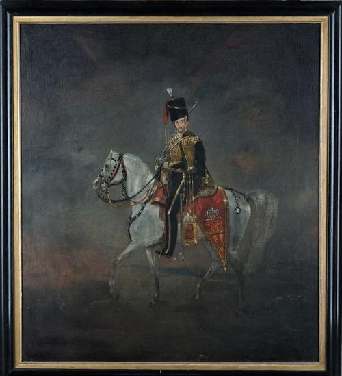 English School (19th century), Mounted Portrait of Hamilton Beckett, late 10th Hussars (b.1839), oil on canvas, inscribed on label on reverse, 61cm x