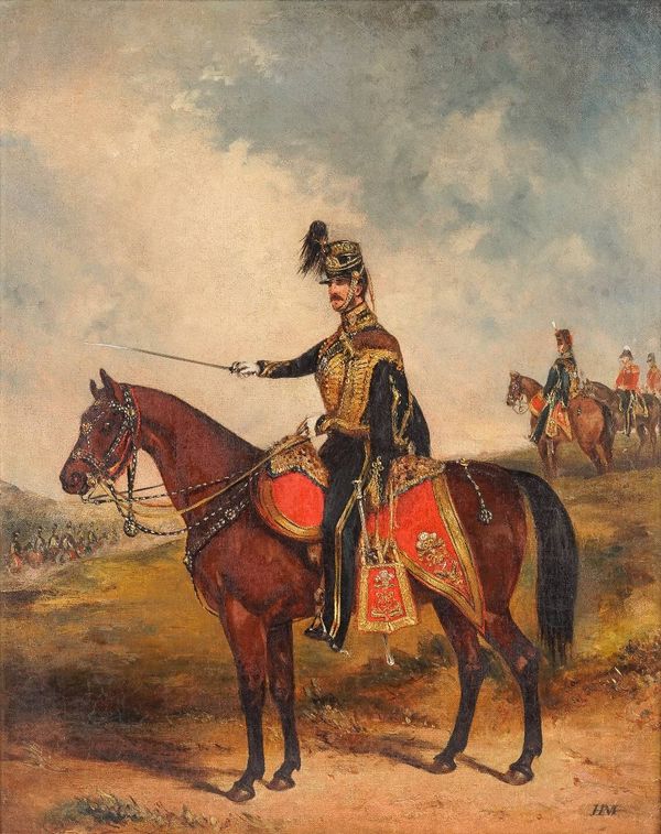 English School (19th century), Mounted portrait of an officer of the 10th Hussars, oil on canvas, 49.5cm x 39cm.Provenance: From the collection of HRH