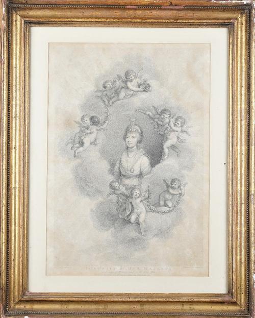 After Sir William Beechey, Portrait of Her Majesty, Patroness of Botany and of the Fine Arts, stipple engraving by F. Bartolozzi, 43.5cm x 30cm.Proven