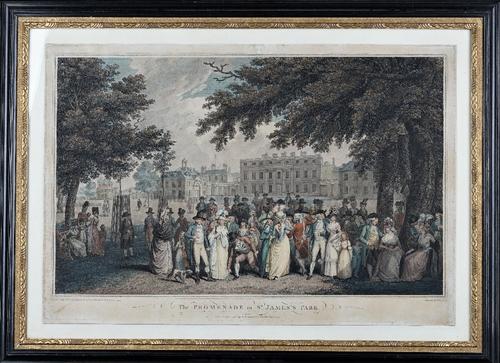 After Edward Dayes, The Promenade in St. James's Park; and An Airing in Hyde Park, a pair of engravings by T. Gaugain with hand colouring, each 45.5cm