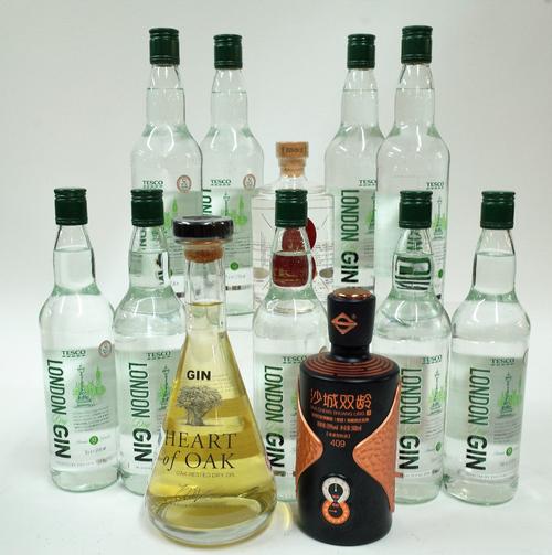 Box 10 - Gin   Tesco London Dry Gin (9 Bottles)   Heart of Oak Rested Dry Gin   Sha Cheng Shuang Ling   Mao Tai Town