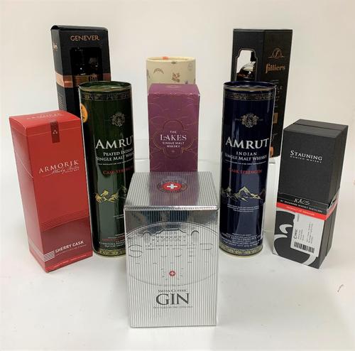 Box 16 - Mixed Spirits (9 Bottles)   Studer Gin   Filliers Genever   Filliers 10YO Single Malt Whisky   Stauning Danish Whisky   Armorik Single Malt W