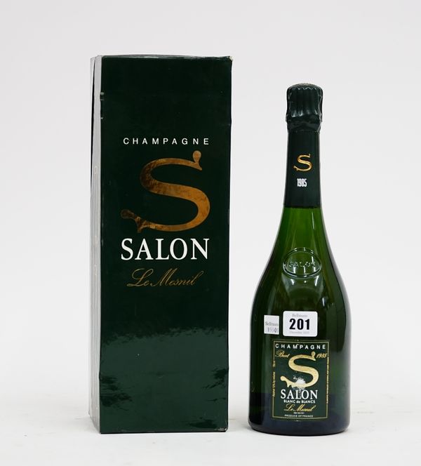 One bottle of 1985 Salon Le Mesnil Blanc de Blancs Champagne, with carton.