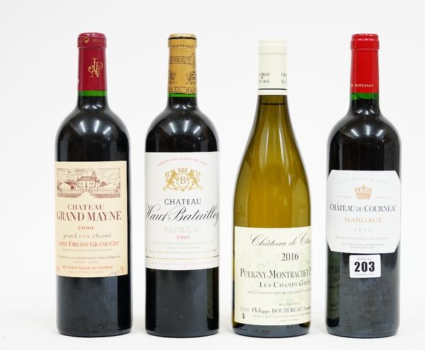 Four bottles of wine, comprising; 2015 Chateau du Corneau Margaux, 2001 Chateau Haut Batailley Pauillac, 2000 Chateau Grand Mayne and a 2016 Chateau d