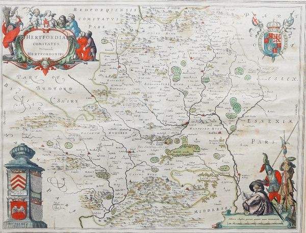 [BLAEU, Joannes (1596-1673)].  Hertfordia Comitatus. Vernacule Hertfordshire. [Amsterdam: c. 1648]. Hand-coloured engraved map of Hertfordshire, figur