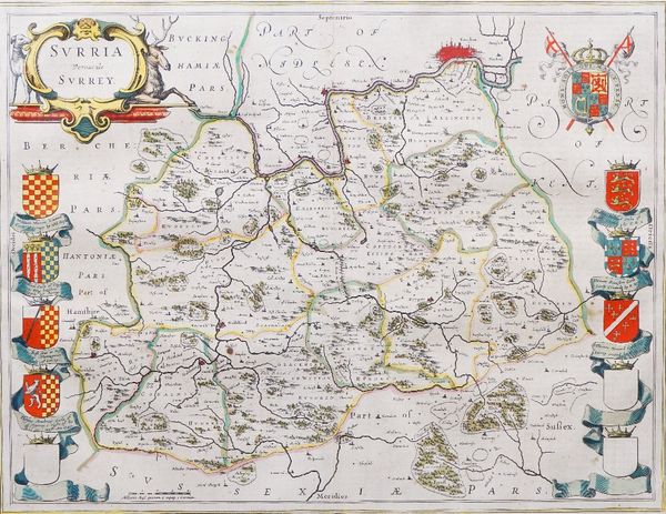 [BLAEU, Joannes (1596-1673)].  Surria Vernacule Surrey. [Amsterdam: c. 1662]. Hand-coloured engraved map of Surrey, baroque title cartouche, coats-of-