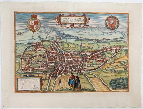 [BRAUN, Georg (1541-1622) & Frans HOGENBERG (1535-90)].  Nordovicum, Angliae civitas. [Cologne: c. 1572]. Hand-coloured engraved bird's-eye-view of No