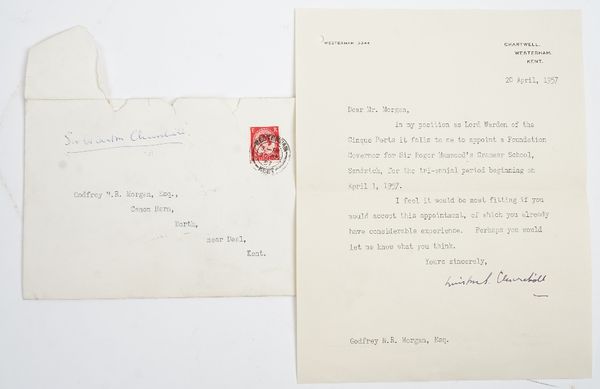 CHURCHILL, Winston Spencer (1874-1965).  A typed letter, signed, headed, "Chartwell, Westerham, Kent," dated "20 April, 1957", stating, "Dear Mr. Morg