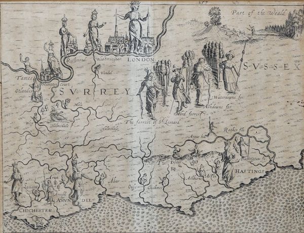 [DRAYTON, Michael (1563-1631) & William HOLE (d. 1624)].  Surrey ... Sussex. [London: 1612 or later].  Engraved allegorical map including London, Surr