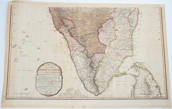 FADEN, William (1749-1836).  A Map of the Peninsula of India from the 19th Degree North Latitude to Cape Comorin. London: 1792. Hand-coloured engraved