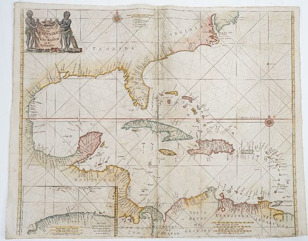 [GOOS, Pieter (c. 1616-75)].  Pascaerte van Westindien de Vaste Kusten en de Eylanden. [Amsterdam: c. 1666]. Hand-coloured engraved sea chart, title c