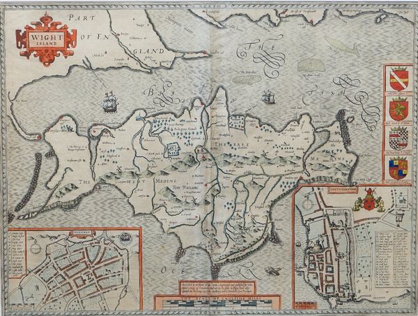 SPEED, John (1552-1629).  Wight Island. [London:] John Sudbury and G. Humbell[sic], [1611 or later]. Hand-coloured engraved map of the Isle of Wight,