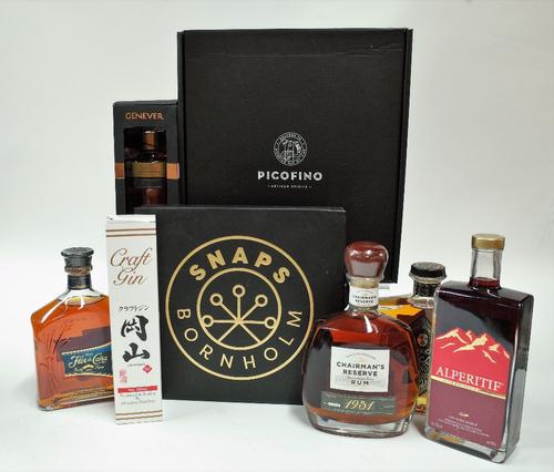 Box 9 - Mixed Spirits  Picofino Artisan Gin Fusion Vermouth (3 Bottle Presentation Case)  Bornholm Snaps (8 Flavoured Miniatures 5cl)  Filliers 8YO Ge