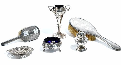 Silver and silver mounted wares, comprising; a twin handled vase of Art Nouveau design, the hallmark rubbed, a Victorian circular salt, London 1857, w