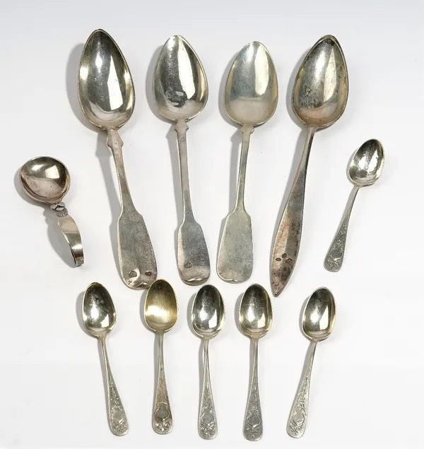 A group of foreign flatware, comprising; a Georg Jensen spoon, import mark London 1948, three Austrian tablespoons, another tablespoon and a set of si
